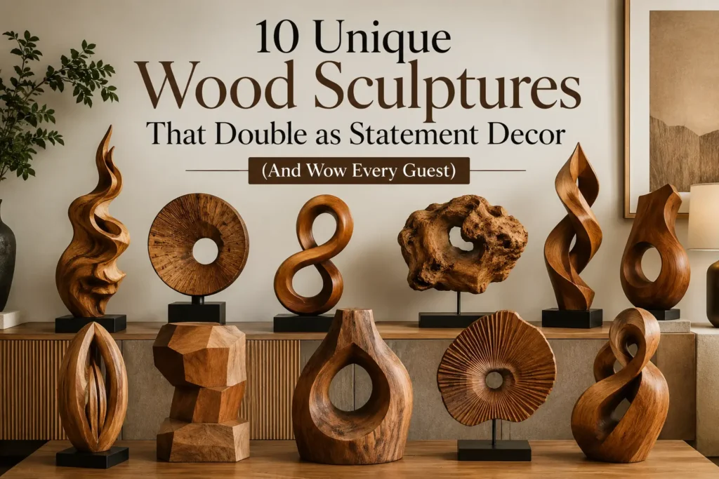 An infographic titled "10 UNIQUE WOOD SCULPTURES THAT DOUBLE AS STATEMENT DECOR (AND WOW EVERY GUEST)." The image displays a curated collection of ten distinct abstract wooden sculptures arranged neatly on a wooden sideboard in a modern interior setting. The sculptures feature diverse organic shapes, including smooth twists, textured disks, geometric structures, and open rings, showcasing different wood grains and finishes. A framed artwork and a potted plant flank the presentation.
