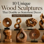 An infographic titled "10 UNIQUE WOOD SCULPTURES THAT DOUBLE AS STATEMENT DECOR (AND WOW EVERY GUEST)." The image displays a curated collection of ten distinct abstract wooden sculptures arranged neatly on a wooden sideboard in a modern interior setting. The sculptures feature diverse organic shapes, including smooth twists, textured disks, geometric structures, and open rings, showcasing different wood grains and finishes. A framed artwork and a potted plant flank the presentation.