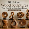 An infographic titled "10 UNIQUE WOOD SCULPTURES THAT DOUBLE AS STATEMENT DECOR (AND WOW EVERY GUEST)." The image displays a curated collection of ten distinct abstract wooden sculptures arranged neatly on a wooden sideboard in a modern interior setting. The sculptures feature diverse organic shapes, including smooth twists, textured disks, geometric structures, and open rings, showcasing different wood grains and finishes. A framed artwork and a potted plant flank the presentation.
