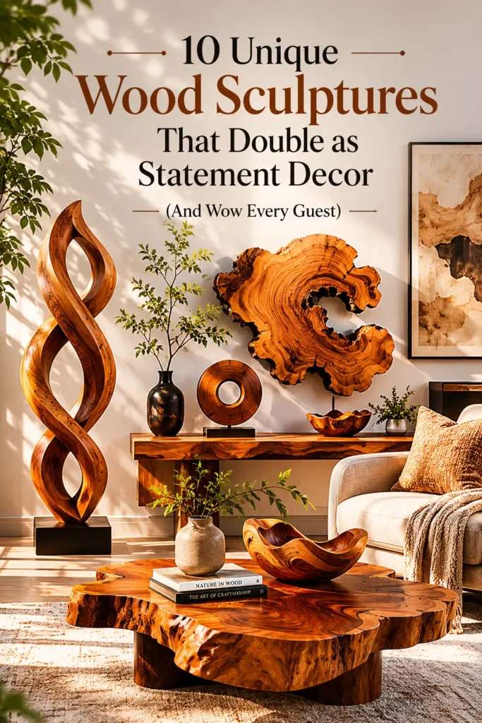 An infographic titled "10 UNIQUE WOOD SCULPTURES THAT DOUBLE AS STATEMENT DECOR." A warm living room features a live-edge wooden coffee table with decorative bowls and books. In the background, a large, twisted vertical wood sculpture stands next to a wooden console table adorned with a circular sculpture and vase. A massive, organic live-edge wood slab hangs on the wall as a statement piece, casting shadows near a cozy armchair.