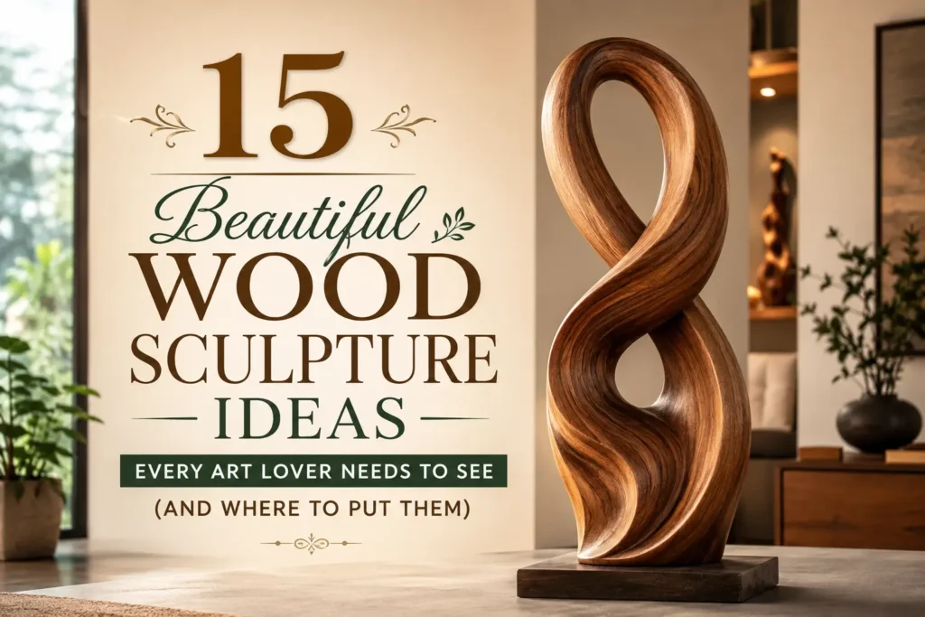 Elegant vertical Pinterest graphic featuring a modern abstract wood sculpture in a warm luxury interior with the text “15 Beautiful Wood Sculpture Ideas Every Art Lover Needs to See (And Where to Put Them)” in stylish typography.