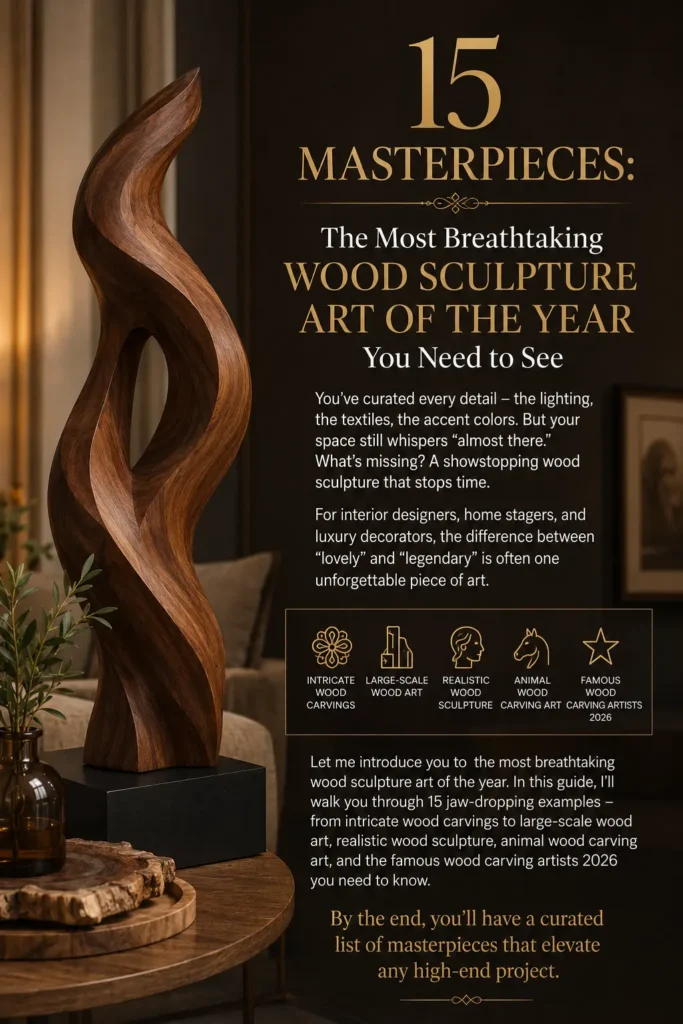 An elegant, fluid abstract wood sculpture with twisted, organic curves stands on a black base over a round wooden side table. To the right, a dark background features gold text titled "15 MASTERPIECES: The Most Breathtaking WOOD SCULPTURE ART OF THE YEAR You Need to See." It notes how a showstopping piece elevates interior design. Golden icons highlight categories like intricate wood carvings, large-scale wood art, realistic wood sculpture, animal carving, and famous artists.