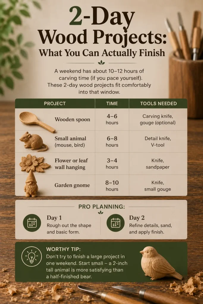 An infographic titled "2-DAY WOOD PROJECTS: WHAT YOU CAN ACTUALLY FINISH." It features a project table listing a wooden spoon, a small mouse animal, a flower wall hanging, and a garden gnome alongside completion times and necessary tools. A "PRO PLANNING" section breaks the weekend into Day 1 for roughing out the shape and Day 2 for refining details and applying the finish. A green bar at the bottom provides a helpful tip to start small, positioned next to a carved wooden bird.