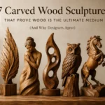 An infographic titled "7 CARVED WOOD SCULPTURES THAT PROVE WOOD IS THE ULTIMATE MEDIUM (AND WHY DESIGNERS AGREE)." Arranged in a row on a wooden table are seven diverse, beautifully polished carvings: an infinity loop, a detailed feather, a serene woman, an abstract flame shape with cutouts, an owl on a stump, a rearing horse, and a calm human face emerging from a log. Minimalist benefit icons rest at the bottom against a clean, warm background.