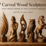 An infographic titled "7 CARVED WOOD SCULPTURES THAT PROVE WOOD IS THE ULTIMATE MEDIUM (AND WHY DESIGNERS AGREE)." Arranged in a row on a wooden table are seven diverse, beautifully polished carvings: an infinity loop, a detailed feather, a serene woman, an abstract flame shape with cutouts, an owl on a stump, a rearing horse, and a calm human face emerging from a log. Minimalist benefit icons rest at the bottom against a clean, warm background.