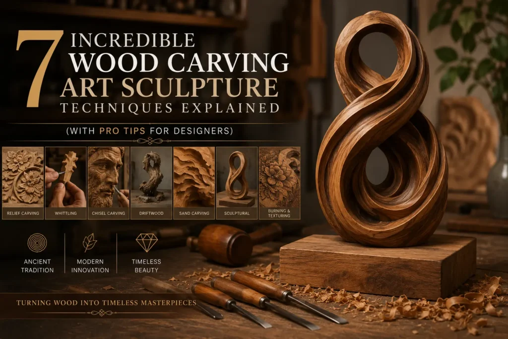 An educational infographic titled "7 Incredible Wood Carving Art Sculpture Techniques Explained." The top features a split view: a close-up of hands using a chisel to shape a realistic wood face alongside a completed, highly detailed wooden portrait sculpture. Below, a clean layout lists wood carving methods including chip carving, relief carving, whittling, power carving, and chainsaws. Icons at the bottom highlight essential tools like gouges, mallets, and safety gear.