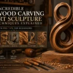 An educational infographic titled "7 Incredible Wood Carving Art Sculpture Techniques Explained." The top features a split view: a close-up of hands using a chisel to shape a realistic wood face alongside a completed, highly detailed wooden portrait sculpture. Below, a clean layout lists wood carving methods including chip carving, relief carving, whittling, power carving, and chainsaws. Icons at the bottom highlight essential tools like gouges, mallets, and safety gear.