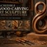 An educational infographic titled "7 Incredible Wood Carving Art Sculpture Techniques Explained." The top features a split view: a close-up of hands using a chisel to shape a realistic wood face alongside a completed, highly detailed wooden portrait sculpture. Below, a clean layout lists wood carving methods including chip carving, relief carving, whittling, power carving, and chainsaws. Icons at the bottom highlight essential tools like gouges, mallets, and safety gear.