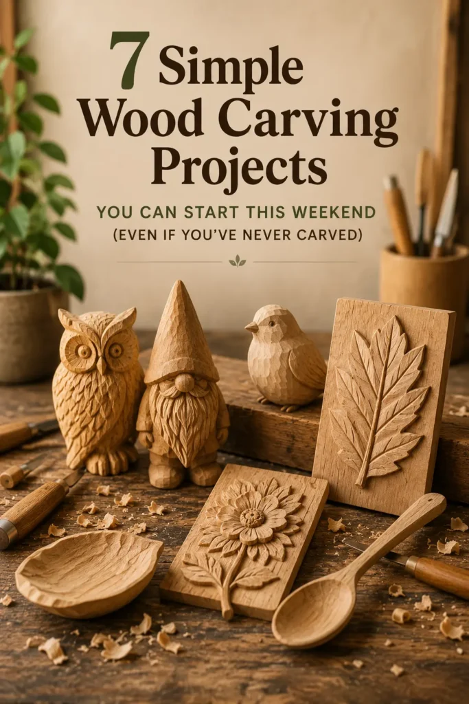 An infographic titled "7 SIMPLE WOOD CARVING PROJECTS YOU CAN START THIS WEEKEND." The image displays seven finished beginner woodcarving projects on a rustic, shaving-covered workbench. The handcrafted objects include a detailed owl, a bearded garden gnome with a pointed hat, a small rounded bird, a tall leaf relief block, a sunflower relief plaque, a shallow leaf-shaped dish, and a smooth wooden spoon. Carving tools with wooden handles lie scattered around the workspace.