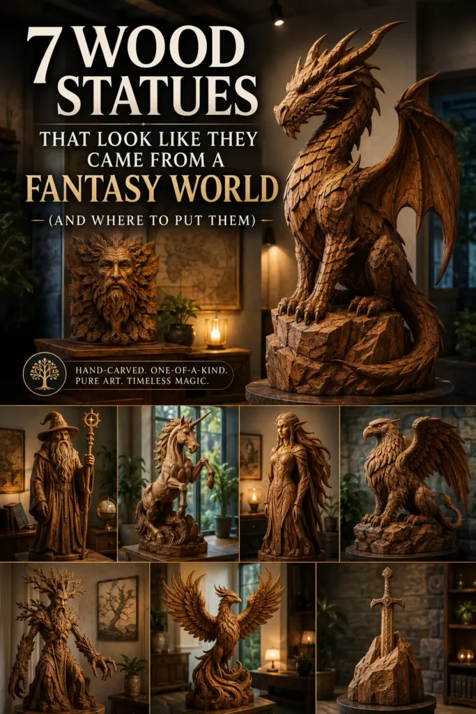 An infographic titled "7 WOOD STATUES THAT LOOK LIKE THEY CAME FROM A FANTASY WORLD." The top section features a large, majestic wooden dragon sculpture on a stone pedestal and a carved green man bust. The bottom grid showcases seven smaller panels of mythical carvings: a wizard holding a staff, a rearing unicorn, an elven warrior woman, a griffin, a tree-like ent creature, a soaring phoenix, and a legendary sword embedded in a stone base.