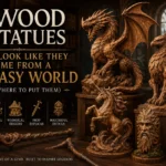 An infographic titled "7 WOOD STATUES THAT LOOK LIKE THEY CAME FROM A FANTASY WORLD (AND WHERE TO PUT THEM)." On the right, a detailed wood sculpture features the face of a serene woman emerging from a tree trunk, with a small bird nestled in the flowing, organic lines of her wooden hair. Wood carving tools and fresh shavings rest on a dark workbench in the foreground, set against a softly lit, warm workshop background.