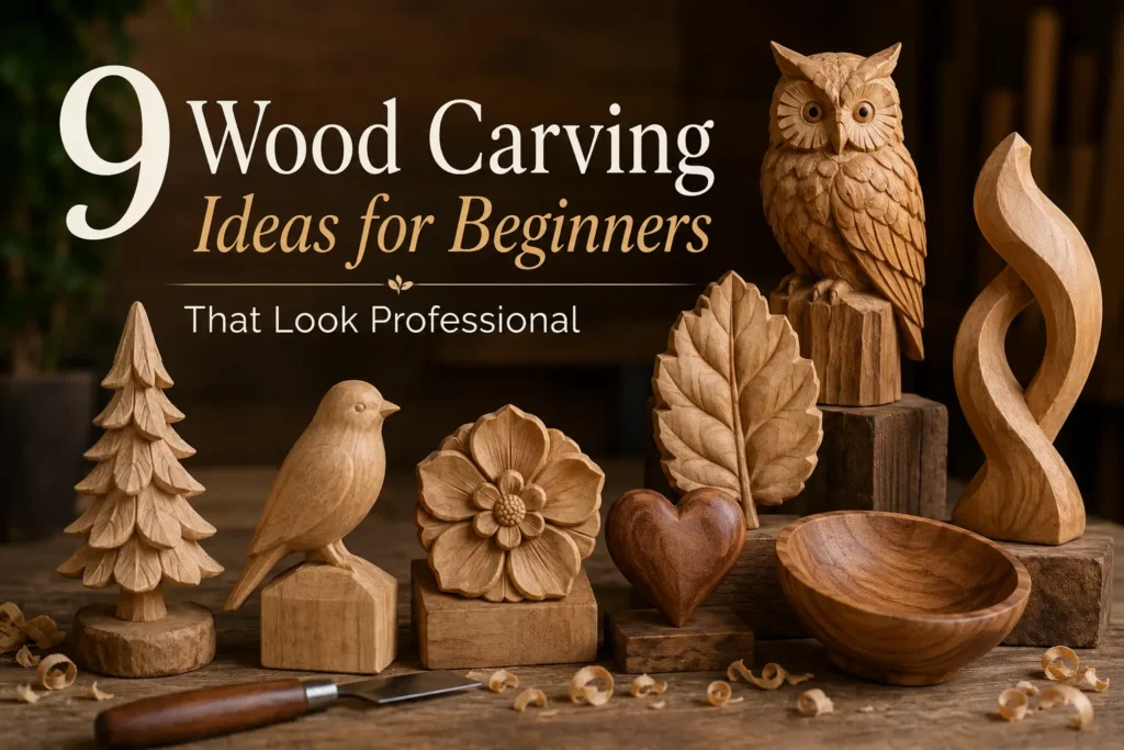 An infographic titled "9 WOOD CARVING IDEAS FOR BEGINNERS THAT LOOK PROFESSIONAL." The horizontal layout showcases a collection of finished wood carving projects resting on a rustic wooden surface covered in small shavings. The projects include a layered evergreen tree, a small bird perched on a block, an intricate floral relief, a large leaf, a polished wooden heart, a smooth bowl, a twisting abstract flame sculpture, and a detailed owl figurine standing tall on a wooden stump.