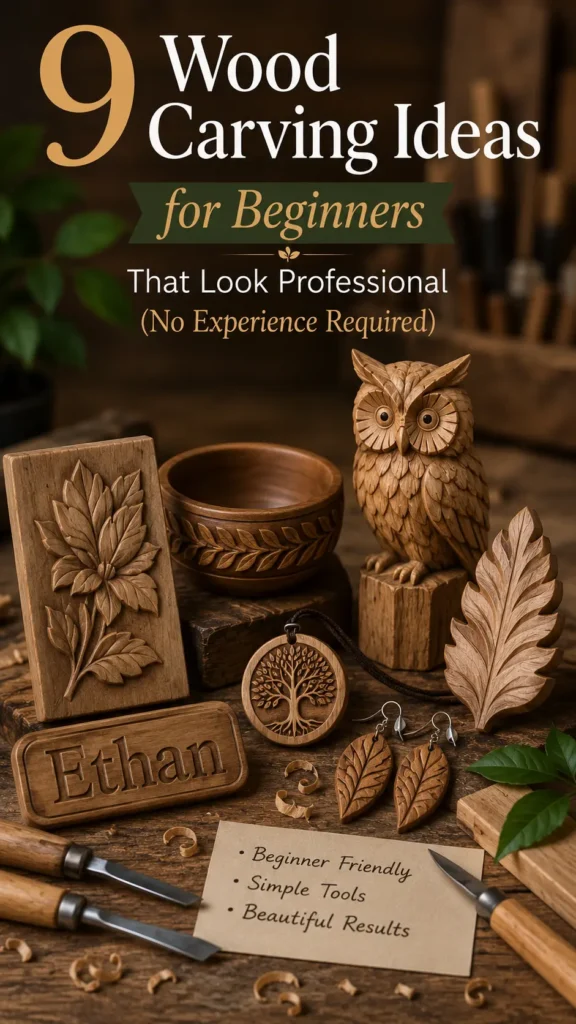 An infographic titled "9 WOOD CARVING IDEAS FOR BEGINNERS THAT LOOK PROFESSIONAL." The image displays various finished wood projects on a workbench scattered with wood shavings. The projects include a layered evergreen tree, a small bird, a stylized flower block, a large leaf, a polished heart, a smooth bowl, an abstract twisting flame shape, and a detailed owl figurine perched on a block. A wood carving knife with a wooden handle rests in the foreground against a warm workshop backdrop.