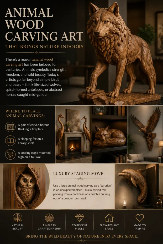 An infographic titled "ANIMAL WOOD CARVING ART THAT BRINGS NATURE INDOORS" features a lifelike, highly detailed wooden sculpture of a standing wolf. Below it, a grid displays various animal carvings: a pair of herons flanking a fireplace, a sleeping fox on a shelf, an eagle soaring on a wall, an owl peeking from a tree hollow, and a dolphin curving out of a wall. Text blocks offer placement and styling ideas, while icons at the bottom emphasize natural beauty and timeless craftsmanship.
