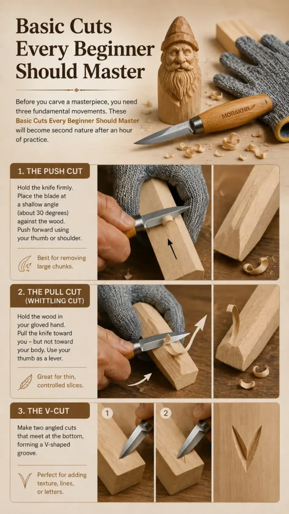 Infographic: "Basic Cuts Every Beginner Should Master" in Wood Carving
This educational guide features three fundamental wood carving movements essential for beginners. The image includes:

1. The Push Cut: Demonstrated with a hand in a cut-resistant glove pushing a Morakniv knife at a 30-degree angle to remove large chunks of wood.

2. The Pull Cut (Whittling Cut): Showing a controlled slice where the knife is pulled toward the thumb (used as a lever) for thin, precise shavings.

3. The V-Cut: A two-step visual showing how to make angled cuts that meet to form a V-shaped groove, perfect for adding texture, lines, or letters.
The pin also showcases a finished wood-carved gnome figure, a carving knife, and protective gloves on a light wood background.