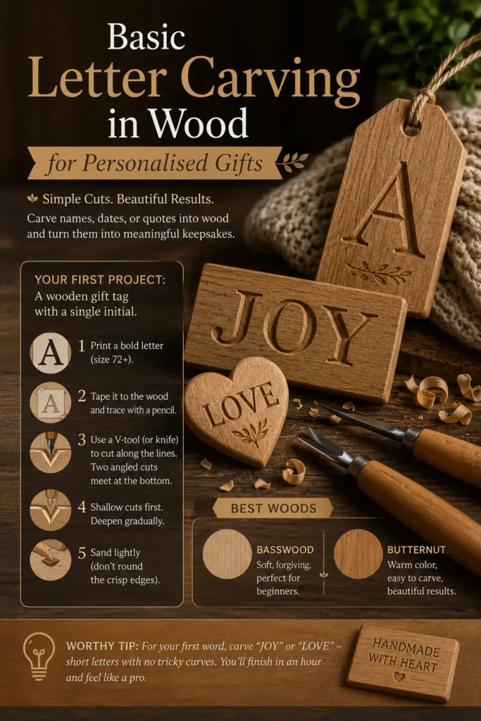 An infographic titled "BASIC LETTER CARVING IN WOOD FOR PERSONALISED GIFTS." The image features carved wooden gift items including a tag with the letter "A," a block spelling "JOY," and a heart spelling "LOVE." The left side details a 5-step beginner project guide with simple diagrams for tracing, cutting, and sanding. The bottom section suggests using basswood or butternut and includes a helpful tip to start with short words alongside a small plaque reading "HANDMADE WITH HEART."