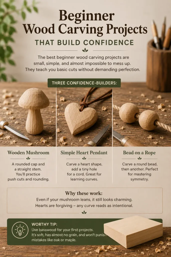 An infographic titled "BEGINNER WOOD CARVING PROJECTS THAT BUILD CONFIDENCE." The layout features three confidence-building project panels: a "Wooden Mushroom" with a rounded cap, a "Simple Heart Pendant" attached to a cord, and a "Bead on a Rope" showing two carved round beads. Below the panels, a text box explains why these forgiving shapes work well for beginners. A green bar at the very bottom offers a tip to use basswood for first projects, pictured next to a blank rectangular block of wood.
