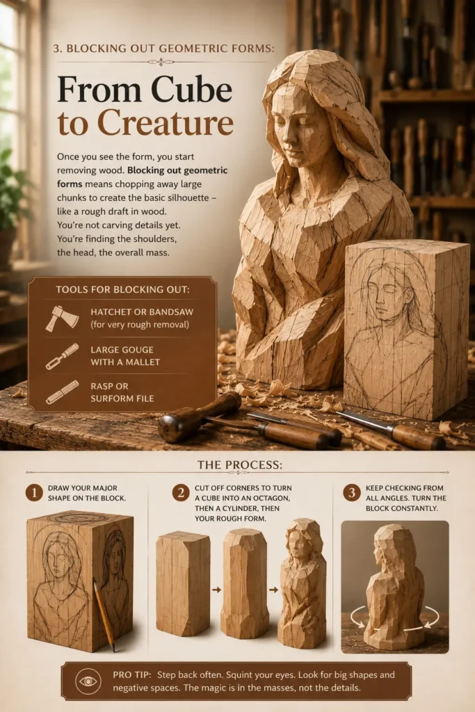 An educational infographic titled "3. BLOCKING OUT GEOMETRIC FORMS: From Cube to Creature." The top right features a roughly blocked-out wood sculpture of a woman’s torso with sharp, faceted edges next to a raw wooden block showing sketched profile guidelines. Below, the sequential carving process is shown step-by-step: drawing the major shape, cutting off corners to transition from cube to octagon to rough form, and checking the block from all angles. A pro tip sections the bottom.