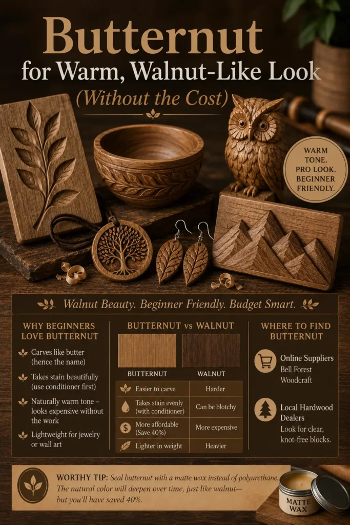 An infographic titled "BUTTERNUT FOR WARM, WALNUT-LIKE LOOK (WITHOUT THE COST)." The top displays carved butternut wood items: a leaf block, a patterned bowl, an owl figurine, a geometric mountain plaque, a tree-of-life pendant, and leaf earrings. Below, text panels outline why beginners love butternut (carves like butter, lightweight) and feature a "BUTTERNUT VS WALNUT" comparison table showing butternut is easier to carve, more affordable, and lighter. A tip at the bottom suggests using matte wax.