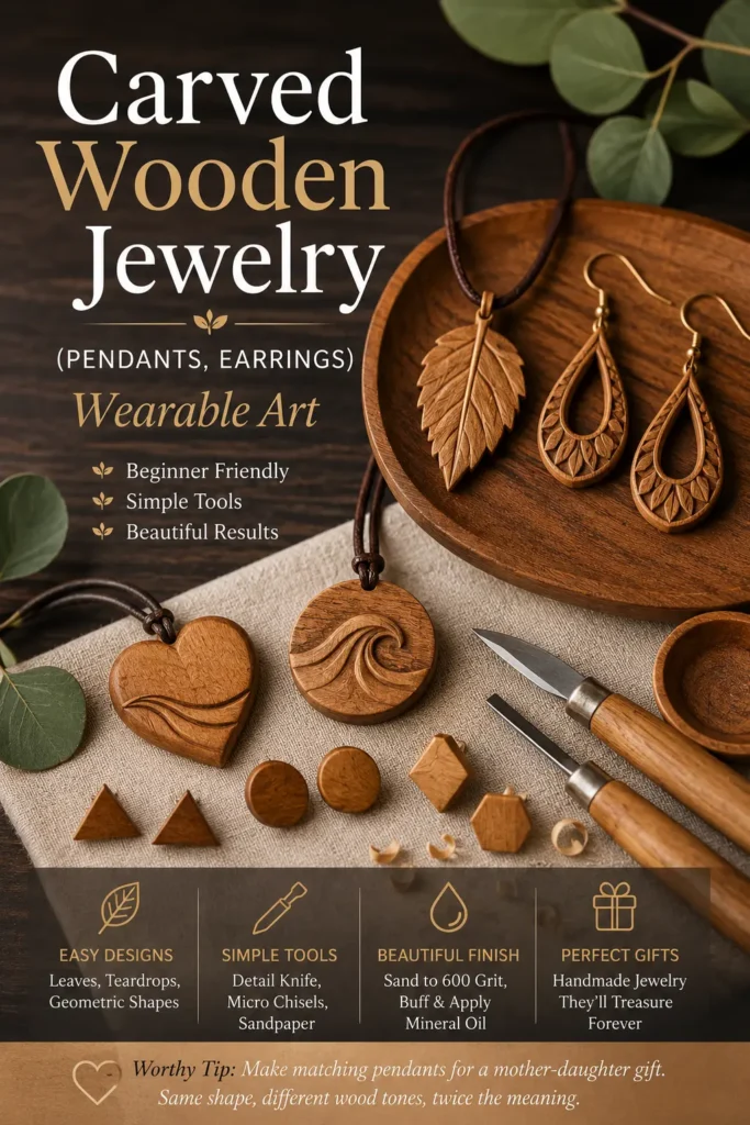 An infographic titled "CARVED WOODEN JEWELRY (PENDANTS, EARRINGS): WEARABLE ART." The top features a wooden dish displaying a carved leaf pendant and a pair of teardrop-shaped dangling earrings with tiny leaf patterns. Below, various wooden jewelry pieces rest on fabric, including a heart pendant, an ocean wave pendant, and small geometric studs. Two carving knives sit beside them. Four lower panels detail design categories: easy designs, simple tools, beautiful finish, and perfect gifts.