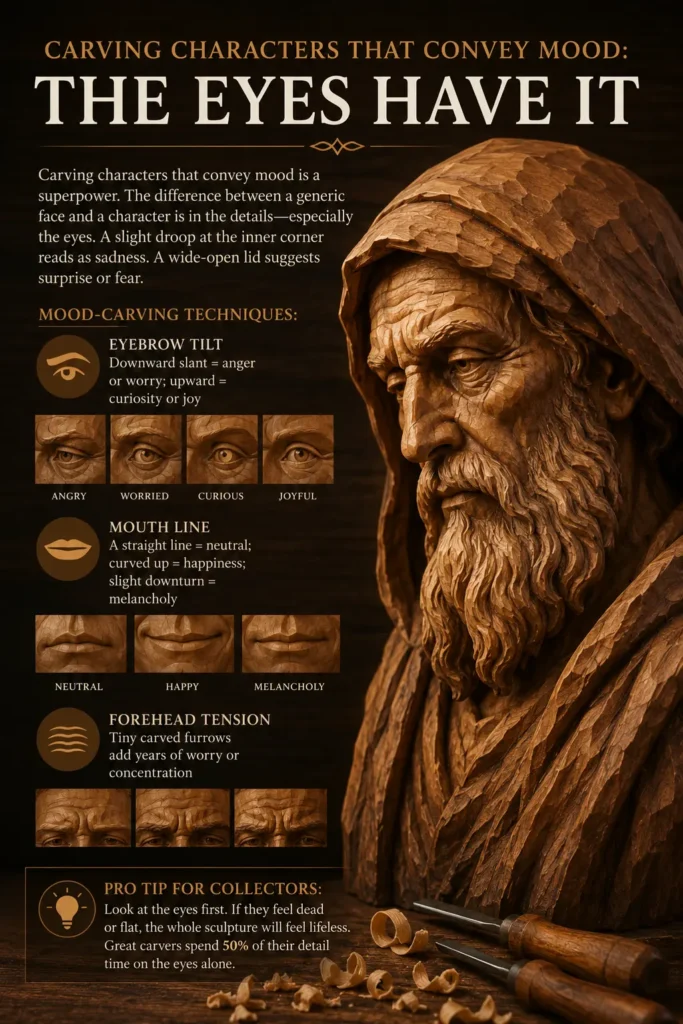 An educational infographic titled "CARVING CHARACTERS THAT CONVEY MOOD: THE EYES HAVE IT." The center displays a detailed wood sculpture of a bearded man with an expressive, emotional face. Diagrams on the left break down carving focal points: the brow line, upper eyelid curve, and lower eyelid position. The bottom grid shows four close-ups of carved eyes conveying different moods: joy, sorrow, anger, and determination. The woodzaa.com website logo is in the top left.
