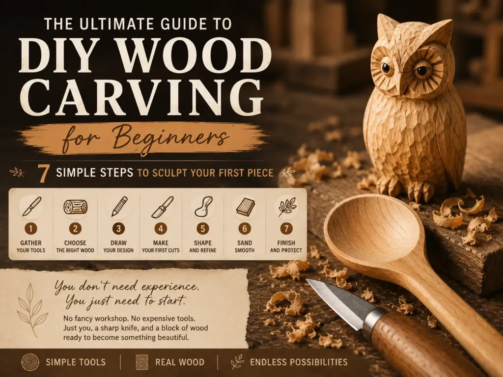 A 7-step guide to sculpting your first piece: 1. Gather tools, 2. Choose wood, 3. Draw design, 4. First cuts, 5. Shape/refine, 6. Sand, 7. Finish. The visual features a hand-carved wooden owl, a finished spoon, and a carving knife on a rustic workbench. It emphasizes that no experience is needed to start this rewarding hobby.