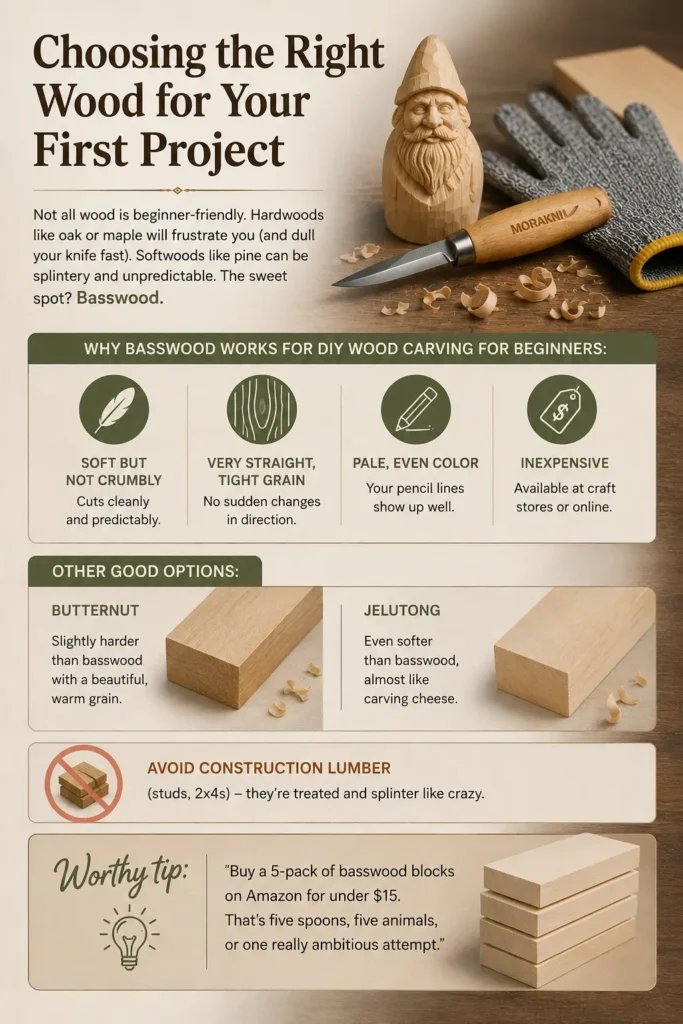 An educational guide for beginner wood carvers that identifies Basswood as the best starting material. The image features four icons explaining why Basswood works: it is soft but not crumbly, has a very straight and tight grain, features a pale even color for pencil lines, and is inexpensive. The pin also lists other good options like Butternut and Jelutong while warning to avoid construction lumber because it splinters. The visual includes a finished carved gnome, a Morakniv knife, protective gloves, and a "Worthy Tip" suggesting a 5-pack of basswood blocks for under $15.