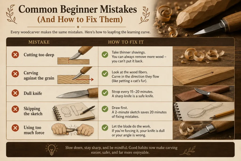 This educational Pinterest pin features a troubleshooting table for new woodcarvers. It outlines five common mistakes paired with their solutions:

Cutting too deep: Fix by taking thinner shavings.

Carving against the grain: Fix by carving in the direction of the wood fibers.

Dull knife: Fix by stropping every 15–20 minutes to maintain safety.

Skipping the sketch: Fix by drawing the design first to save time later.

Using too much force: Fix by letting the blade do the work and checking the angle or sharpness.

The visual includes illustrative diagrams of knife angles, a leather strop, a pencil sketch of a spoon, and wood-handled carving tools on a rustic workbench. The bottom advice encourages carvers to slow down, stay sharp, and be mindful.