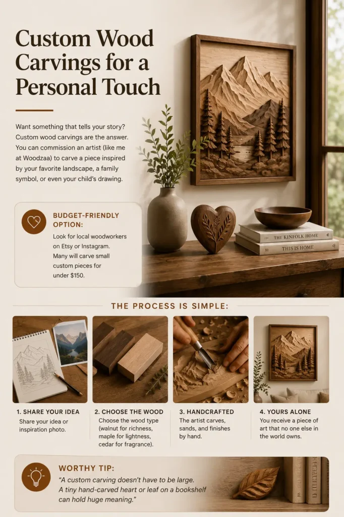 Infographic titled "Custom Wood Carvings for a Personal Touch." The main image shows a wooden side table decorated with a ceramic vase, books, a small carved wooden heart, and a large framed relief wood carving of a mountain landscape with pine trees. A text section highlights a budget-friendly option to commission small custom pieces from local woodworkers on Etsy or Instagram. The middle section breaks down a simple four-step process with small accompanying photos: 1. Share your idea (showing a sketch next to a mountain photo), 2. Choose the wood (showing blocks of walnut, maple, and cedar), 3. Handcrafted (showing hands using a carving gouge tool), and 4. Yours alone (showing the finished mountain art piece hanging on a living room wall). The bottom features a "Worthy Tip" next to a small carved wooden leaf on a bookshelf.