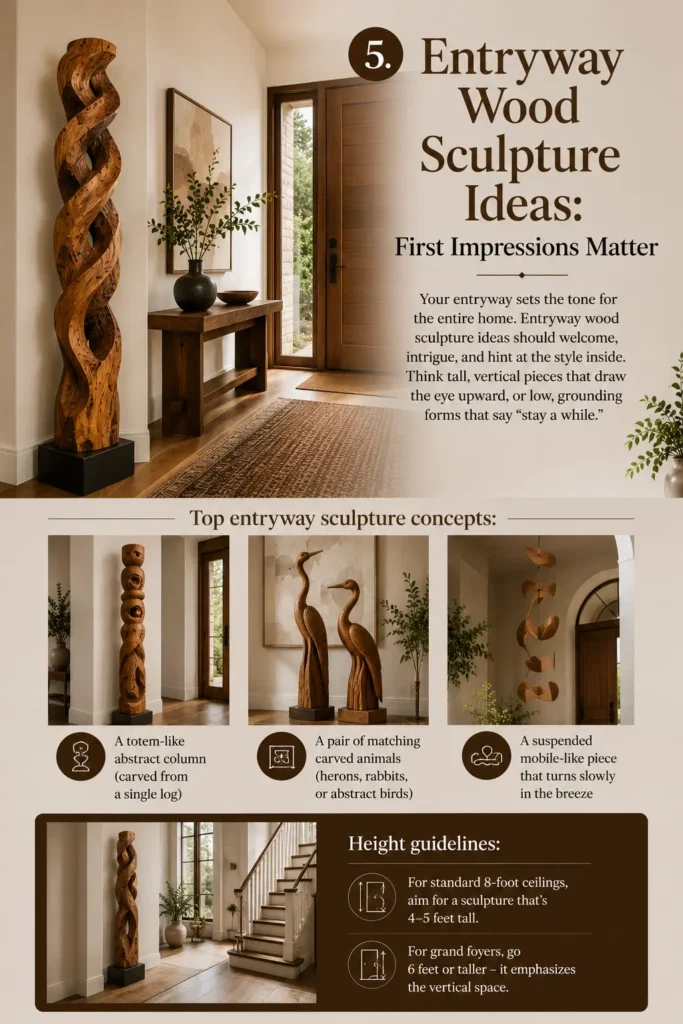 An infographic titled "5. ENTRYWAY WOOD SCULPTURE IDEAS: FIRST IMPRESSIONS MATTER." The main image shows a tall, twisted wooden totem sculpture standing next to a rustic wooden console table in a bright entryway. Below, three smaller panels illustrate entryway concepts: a totem-like abstract column, a pair of matching carved herons, and a suspended mobile piece. A height guidelines section at the bottom offers advice for standard and grand foyer ceilings.