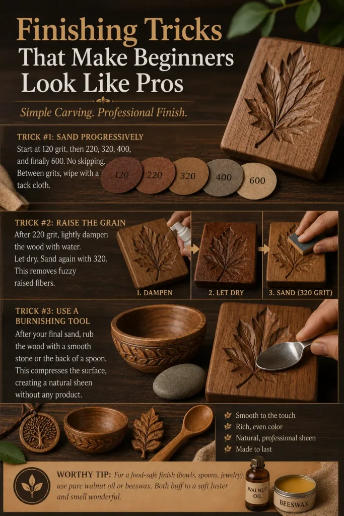 An infographic titled "FINISHING TRICKS THAT MAKE BEGINNERS LOOK LIKE PROS." The layout displays a beautifully carved maple leaf wooden block as a recurring example. It outlines three finishing steps: trick one shows a progression of sandpaper discs from 120 to 600 grit; trick two demonstrates a three-step process to dampen, let dry, and sand to raise the grain; and trick three shows a hand burnishing the leaf carving with the back of a spoon alongside a smooth stone and a carved bowl.