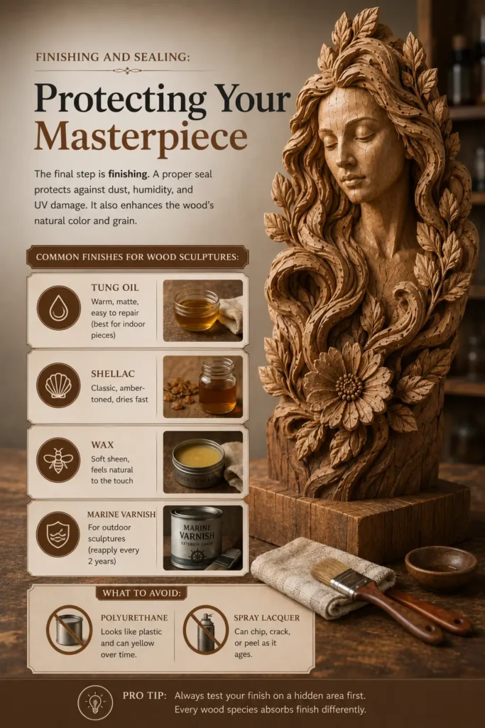 An educational infographic guide titled "FINISHING AND SEALING: Protecting Your Masterpiece." On the right stands a beautifully detailed wooden bust of a woman with flowing hair and leaves. The left side features a comparative chart of common finishes for wood sculptures: tung oil, shellac, wax, and marine varnish. A lower "What to Avoid" section advises against using polyurethane and spray lacquer, while a pro tip at the bottom suggests testing finishes on a hidden area first.