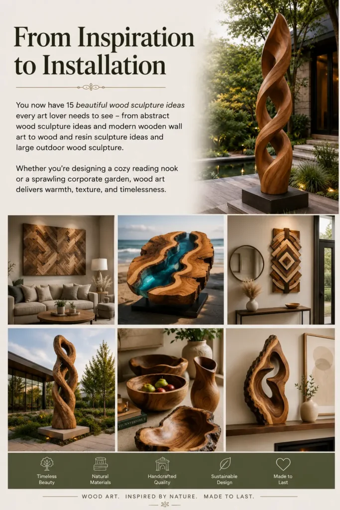 An interior design graphic titled "From Inspiration to Installation" showcases a collage of various wood sculpture ideas. The top features a tall, twisted outdoor wood sculpture on a deck. Below, a grid of six images highlights a chevron wall art panel over a sofa, a river-style wood and blue resin sculpture, a geometric entryway wall piece, a large outdoor installation, hand-carved wooden bowls, and a live-edge mantel sculpture. Icons at the bottom emphasize natural materials and handcrafted quality.