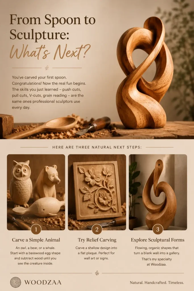 This Pinterest pin outlines the progression of wood carving skills for beginners. The image features a large, flowing abstract wooden sculpture next to a hand-carved spoon on a workbench. It suggests three natural next steps:

Carve a Simple Animal: Features figures of an owl, a bear, and a whale.

Try Relief Carving: Shows an intricate floral design carved into a flat plaque.

Explore Sculptural Forms: Highlights large, organic, flowing shapes as advanced artistic projects.
The design includes the Woodzaa logo and emphasizes that the skills learned in beginner projects—like push cuts and grain reading—are the foundation for professional sculpture.