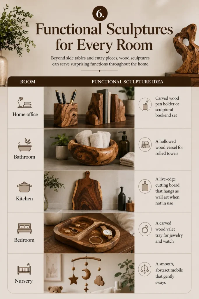 An infographic titled "6. FUNCTIONAL SCULPTURES FOR EVERY ROOM." It features a detailed table highlighting creative ideas: a carved pen holder and bookends for a home office, a hollowed wood vessel for towels in a bathroom, a live-edge cutting board for a kitchen, a carved valet tray for a bedroom, and a smooth wooden mobile for a nursery. Each suggestion includes a clear product photo paired with a clean minimalist icon against a warm background.