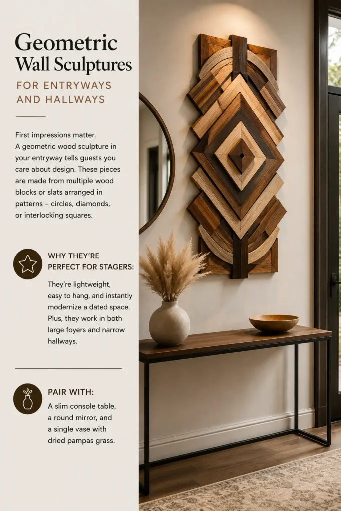 A vertical, 3D geometric wood wall sculpture featuring layered diamonds and interlocking curved arcs hangs in a modern entryway. It is styled above a slim wood-top console table decorated with a round mirror, a wooden bowl, and a vase of fluffy pampas grass. On the left, an infographic panel titled "Geometric Wall Sculptures FOR ENTRYWAYS AND HALLWAYS" highlights why they are perfect for home stagers and suggests pairing them with minimalist entryway furniture.