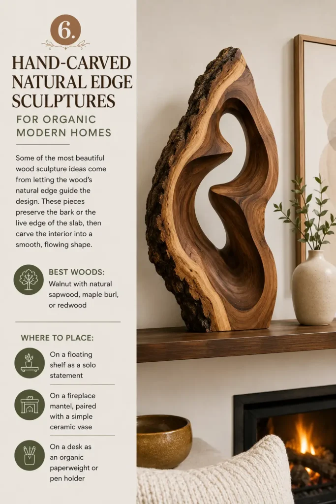 An organic, hand-carved wood sculpture showcasing a rugged, rough-bark live edge sits on a wooden fireplace mantel alongside a minimalist ceramic vase with green sprigs. The sculpture's smooth, hollowed interior forms flowing, abstract curves. To the left, an infographic titled "6. HAND-CARVED NATURAL EDGE SCULPTURES FOR ORGANIC MODERN HOMES" recommends woods like walnut, maple burl, and redwood. It suggests styling placement on floating shelves, mantels, or desks.