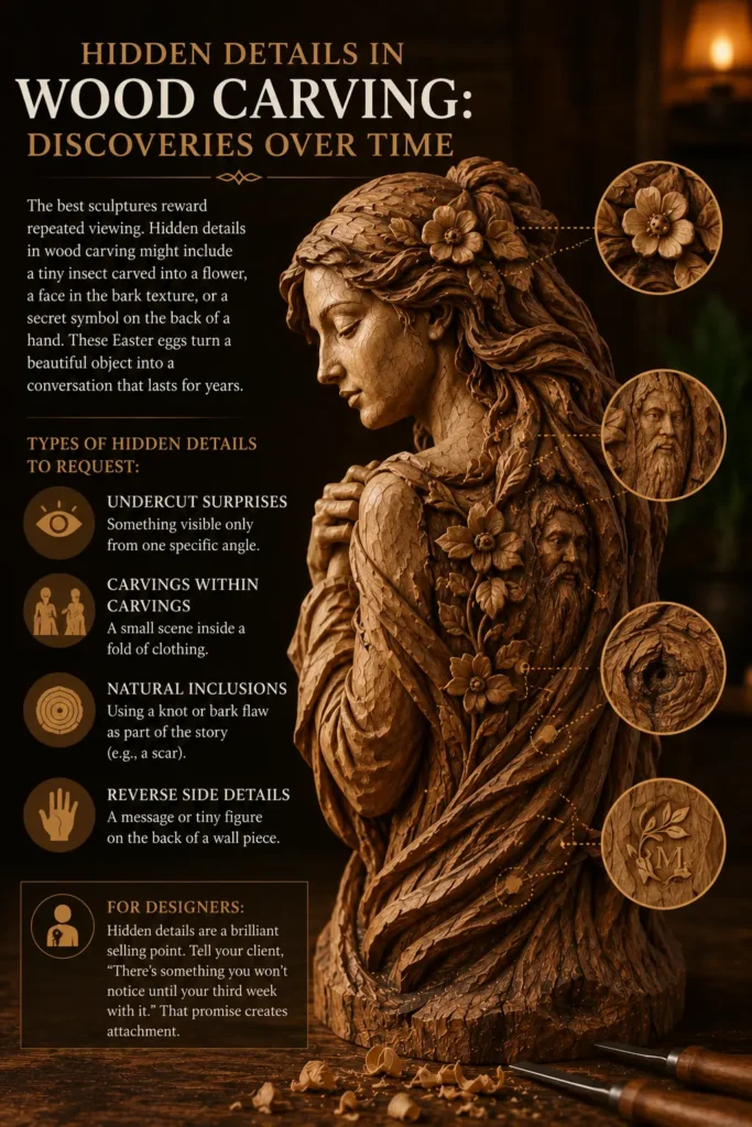 An educational infographic titled "HIDDEN DETAILS IN WOOD CARVING: DISCOVERIES OVER TIME." The center features a highly detailed wood sculpture of a woman from behind, her hair and back decorated with carved flowers and an intricate green man face. Four circular close-up icons on the right highlight hidden elements: a tiny insect inside a flower, a face in the bark, a knot hole, and a secret monogram. Carving chisels rest below it on a workbench strewn with shavings.