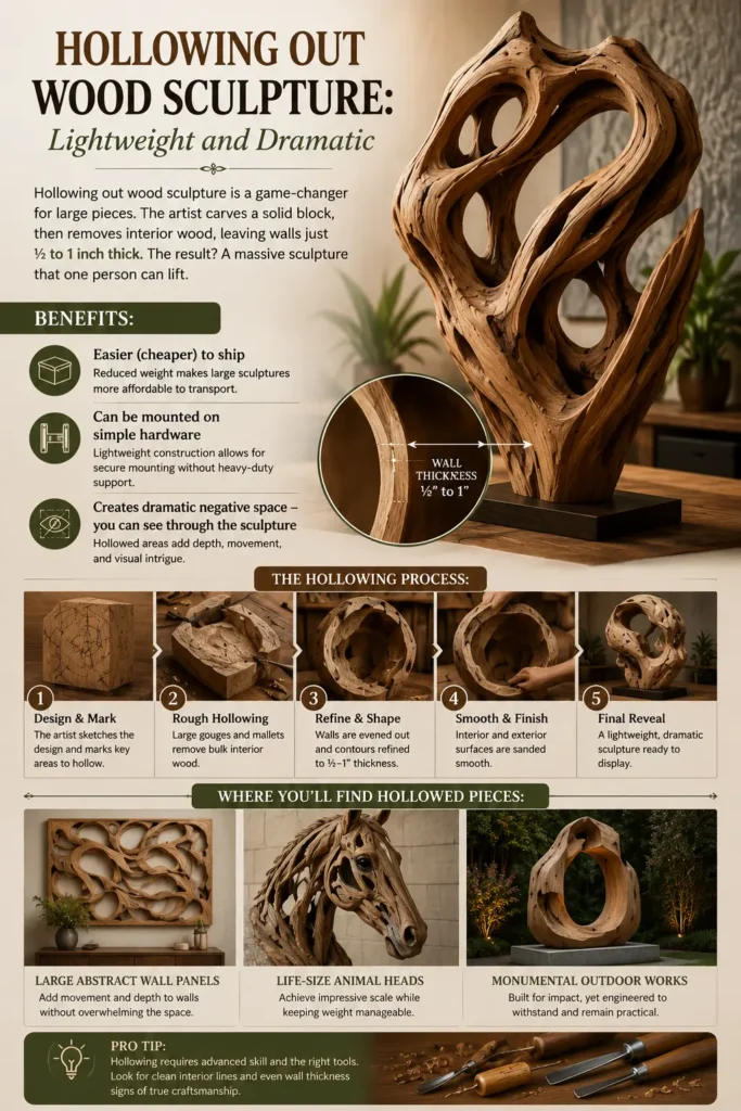 An educational infographic titled "HOLLOWING OUT WOOD SCULPTURE: Lightweight and Dramatic" features a tall, fluidly twisted abstract wood sculpture with a smooth, hollowed-out center. The layout details why designers choose hollowed pieces—noting that they decrease weight and prevent cracking. A "Design Tip for Stagers" explains how placing a spotlight behind the piece lets light stream through the negative space, cast dramatic shadows, and create a captivating focal point.