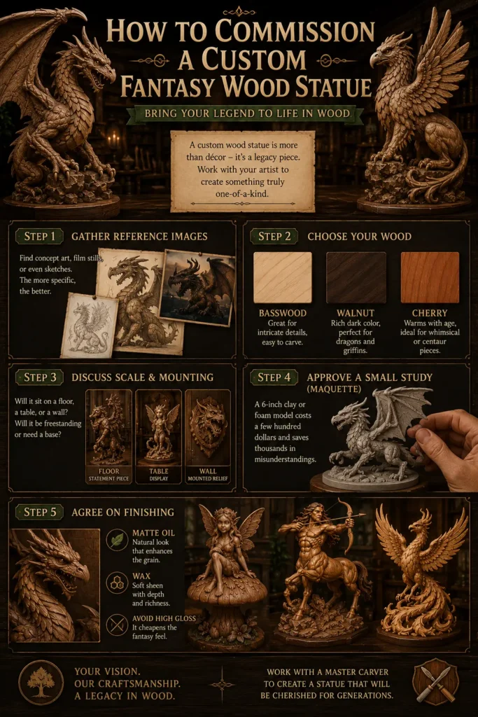 An infographic titled "HOW TO COMMISSION A CUSTOM FANTASY WOOD STATUE." The design breaks down a 5-step commissioning process: gathering reference images, choosing a wood type (basswood, walnut, cherry), discussing scale and mounting options, approving a small maquette model, and agreeing on a finish like matte oil or wax. The layout features beautiful illustrations of fantasy sculptures, including dragons, griffins, and fairies, set against a dark, classic workshop aesthetic.