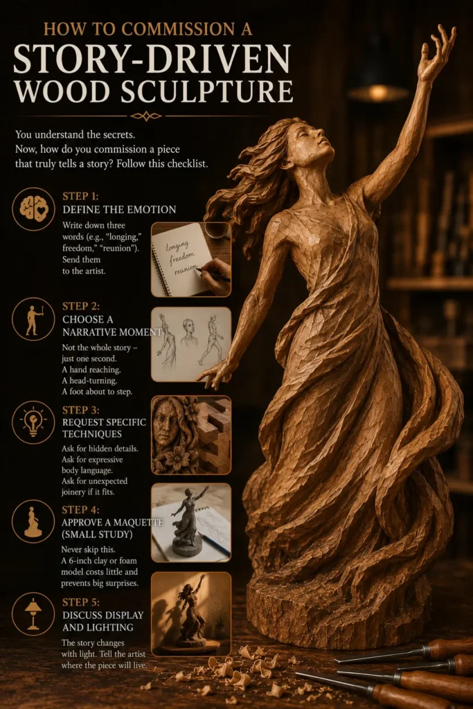An educational infographic titled "HOW TO COMMISSION A STORY-DRIVEN WOOD SCULPTURE." The right side showcases a detailed wood sculpture of a serene woman’s face seamlessly merged with a swirling background of detailed leaves and a perched bird. The left section provides a step-by-step checklist for the commissioning process, covering design ideas, wood choices, budgeting, and updates. In the foreground, chisels and wood shavings sit on a workbench against a blurred studio.