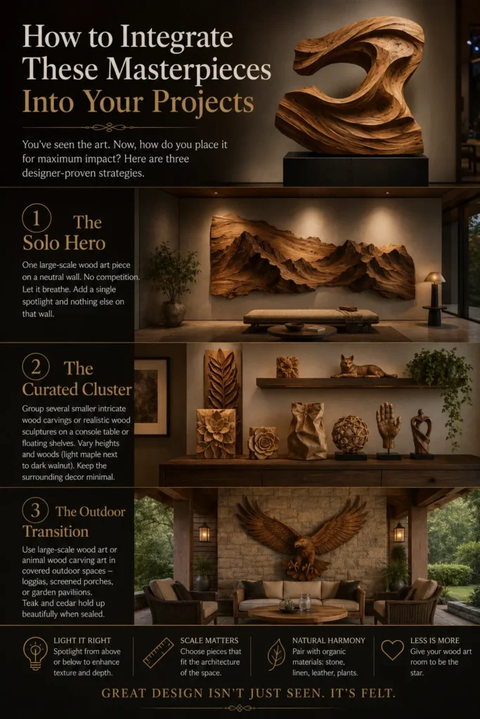 An interior design guide titled "How to Integrate These Masterpieces Into Your Projects" features strategies for styling wood art. The top shows a large abstract wood sculpture on a dark base. Below, three examples detailed in text are pictured: "1. The Solo Hero" shows a wave-like wall installation over a daybed; "2. The Curated Cluster" displays smaller carvings, a wooden bag, and a hand sculpture on shelves; and "3. The Outdoor Transition" shows a large carved eagle on a stone patio wall.