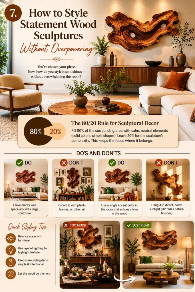An infographic titled "HOW TO STYLE STATEMENT WOOD SCULPTURES WITHOUT OVERPOWERING." The main image shows a luxury living room with a large, fluidly carved wood wall sculpture behind a beige sofa. Below, three layout blocks provide styling rules: limiting to one main piece per room, mixing textures like linen and metal, and balancing dark wood tones with light walls. A designer tip at the bottom suggests using directional lighting to emphasize the sculpture's 3D depth.