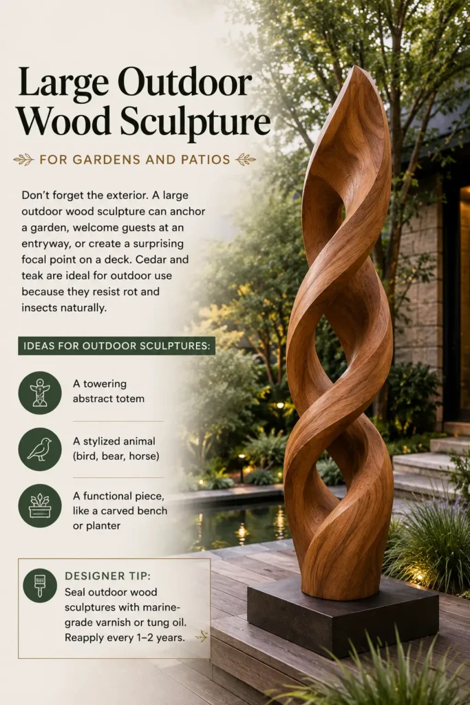 A tall, towering abstract wooden sculpture with an open, twisted double-helix design stands on a dark stone block over an outdoor wooden deck. Lush garden greenery and a small pond are visible in the background. On the left, an infographic titled "Large Outdoor Wood Sculpture FOR GARDENS AND PATIOS" explains using weather-resistant cedar or teak. It lists "Ideas for Outdoor Sculptures" (totems, stylized animals, functional pieces) and includes a designer tip to seal the wood.