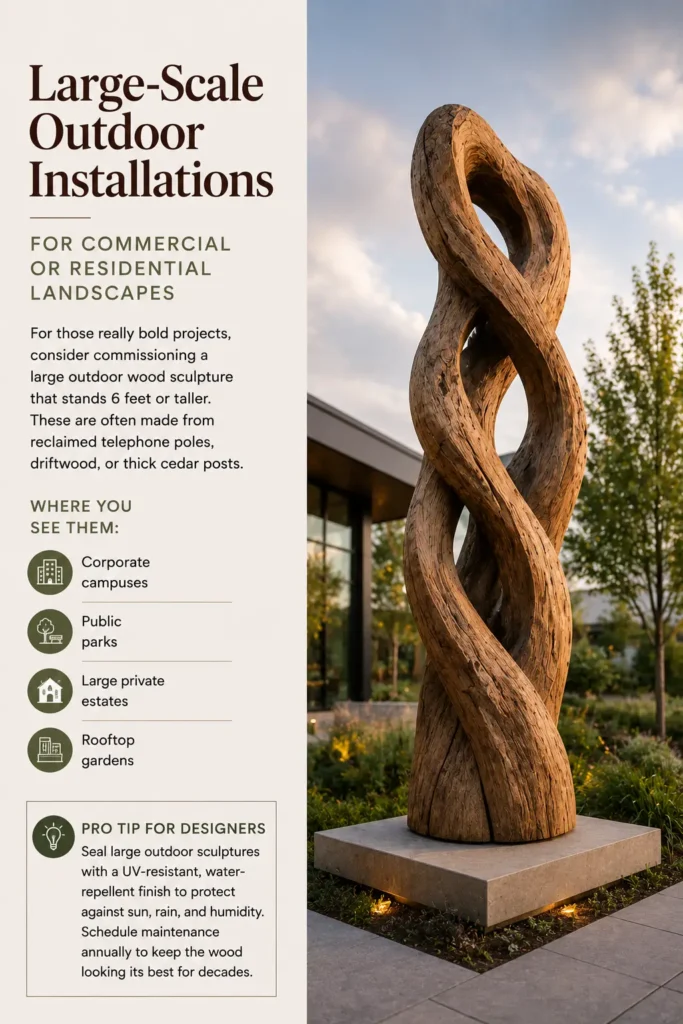 A towering, large-scale outdoor wood sculpture made of thick, weathered timber strands twisted into an abstract braided form stands on a concrete plinth in a landscaped garden. Up-lighting highlights its texture against a sunset sky. An infographic panel on the left is titled "Large-Scale Outdoor Installations FOR COMMERCIAL OR RESIDENTIAL LANDSCAPES." It mentions materials like reclaimed telephone poles, lists locations like corporate campuses, and includes a maintenance tip.