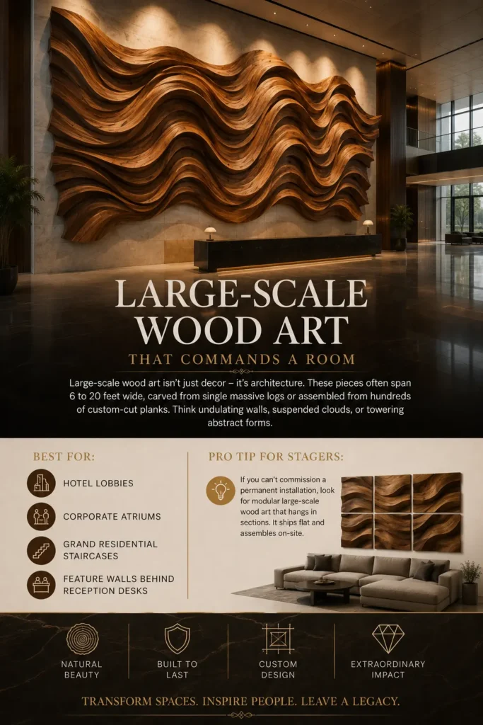 A massive, undulating wooden wall installation with fluid, wave-like layers spans across a luxurious hotel lobby behind a long reception desk. Below, the text reads "LARGE-SCALE WOOD ART THAT COMMANDS A ROOM." An infographic section lists optimal locations like corporate atriums and lobbies. A "Pro Tip for Stagers" shows a smaller modular version split into six panels hanging over a modern living room sofa. Icons at the bottom emphasize custom design and extraordinary impact.