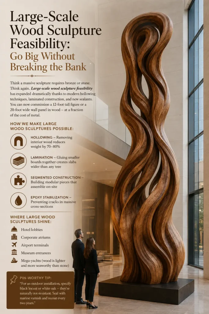 An infographic titled "LARGE-SCALE WOOD SCULPTURE FEASIBILITY: GO BIG WITHOUT BREAKING THE BANK." The right side showcases a massive, 12-foot abstract wooden sculpture with twisting, flowing grains, standing in a modern corporate atrium as a man and woman look up in awe. The left column details technical production methods like hollowing, lamination, and epoxy stabilization, followed by a list of ideal settings like hotel lobbies, airport terminals, and museum entrances.