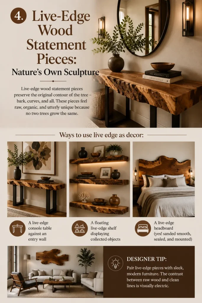 An infographic titled "4. LIVE-EDGE WOOD STATEMENT PIECES: NATURE’S OWN SCULPTURE." The main image shows a textured live-edge console table in an entryway beneath a round black-framed mirror. Below, three smaller panels illustrate ways to use live edge as decor: a console table against a wall, floating live-edge shelves displaying collected objects, and a large organic headboard above a bed. A designer tip at the bottom suggests pairing raw wood with sleek, modern furniture.