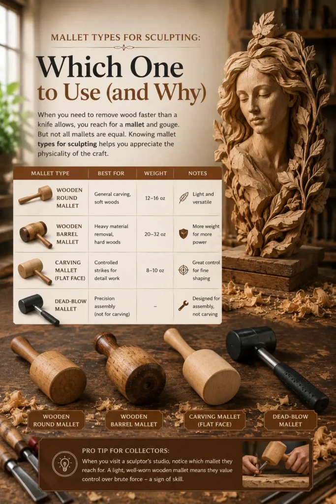 An infographic titled "MALLET TYPES FOR SCULPTING: Which One to Use (and Why)." On the right stands an elegant wooden bust sculpture of a woman surrounded by carved leaves. The central section features a comparative chart detailing four tool types: wooden round mallet, wooden barrel mallet, flat-face carving mallet, and a dead-blow mallet, outlining their weights and best uses. The foreground shows the physical mallets resting on a workbench amidst wood shavings.