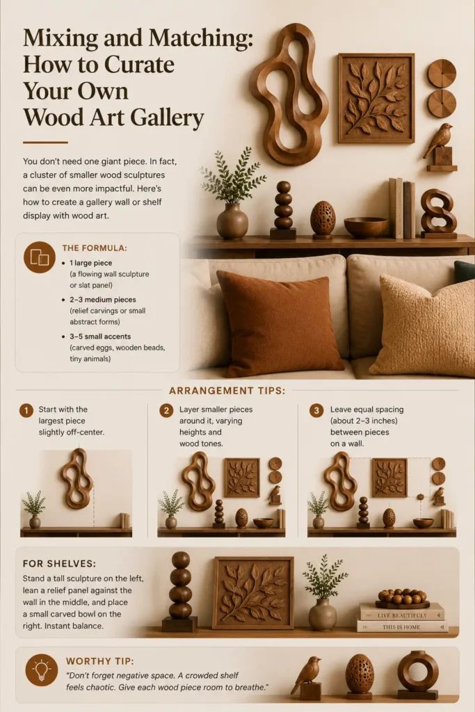 Infographic about interior design titled "Mixing and Matching: How to Curate Your Own Wood Art Gallery." The main image shows a beautifully styled living room featuring a warm beige sofa with earth-toned pillows, set against a curated gallery wall of wooden art. The wall display includes a large flowing abstract sculpture, a framed leaf relief carving, small circular plaques, a carved bird, and various smaller tabletop wood pieces. A text box outlines "The Formula" for combining large, medium, and small wood accents. The middle section provides three "Arrangement Tips" with sequential illustrations showing how to start with the largest piece slightly off-center, layer smaller pieces around it, and leave equal spacing. A "For Shelves" section shows a balanced arrangement of a tall sculpture, a relief panel, a vase, and books, while the bottom features a "Worthy Tip" on utilizing negative space next to a small graphic of three carved wooden objects.